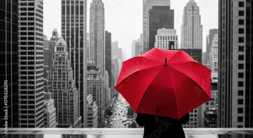 Person with red umbrella overlooking the black and white cityscape on a rainy day