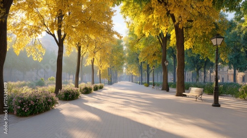 Tranquil Autumn Pathway with Golden Leaves and Morning Fog in a Calm Urban Park Setting
