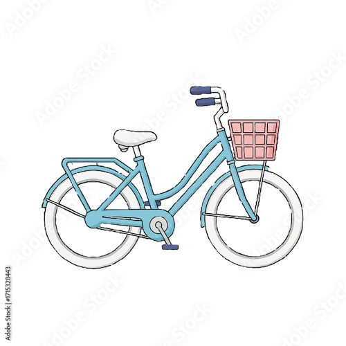 Charming light blue bicycle with pink basket on the front, perfect for leisurely ride through the park or city streets