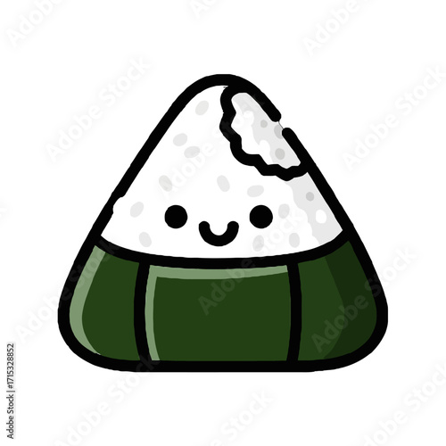 Cute cartoon onigiri rice ball with happy face and seaweed wrapper, bite taken out