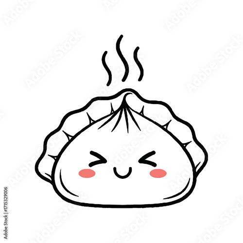 Cute, kawaiistyle steaming dumpling with happy, smiling face and rosy cheeks