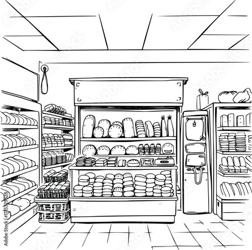 Retro Style Bread Shop Illustration in Ink