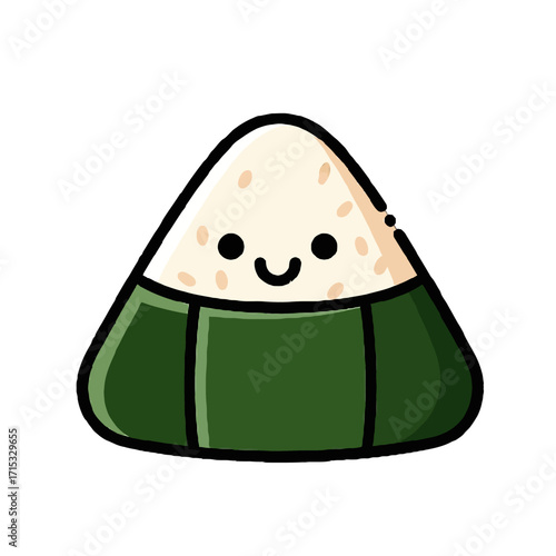 Cute cartoon onigiri with happy face, , representing japanese food and culture, perfect for culinary themes and childrens content