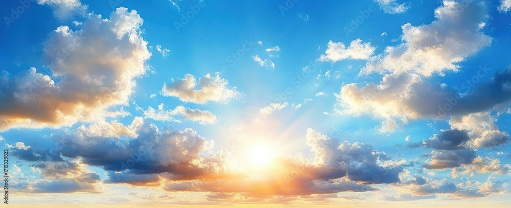 Fototapeta premium Bright sun shining through scattered clouds in a blue sky creating a vibrant and uplifting atmosphere