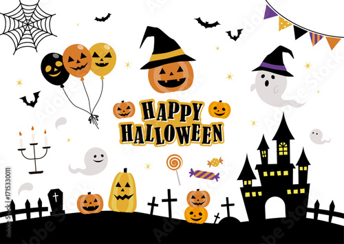 かぼちゃやおばけや蝙蝠やお城のかわいいハロウィンイラストセット