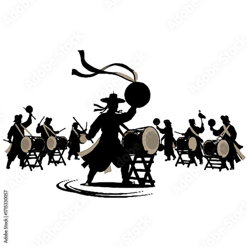 Silhouette korean drummer leading traditional drum performance with group musicians