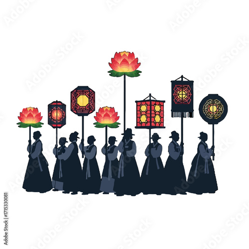 Group people in traditional korean hanbok clothing holding lotus lanterns and traditional korean lanterns during festival or parade