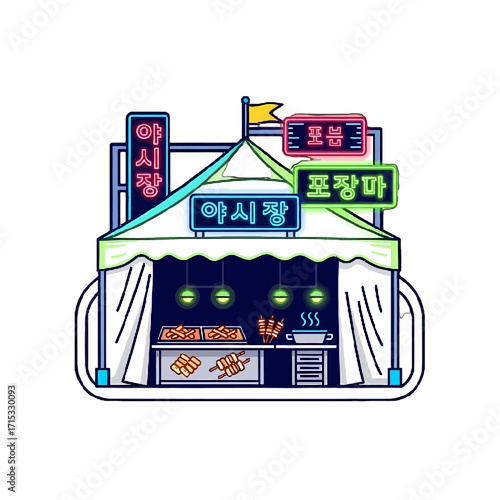 Colorful korean street food stall at night, with neon signs and various food items displayed