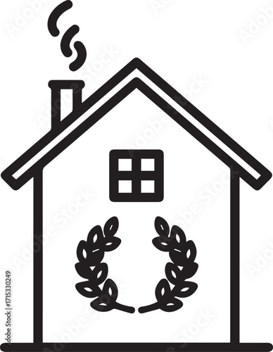 Charming Home Icon with Laurel Wreath for Real Estate or Family Services, Symbolizing Comfort, Tradition and Quality in a Simple Modern Design