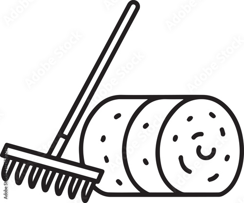 Harvest Time Simplicity Rake and Hay Bale Icon Freshly Cut Field, Countryside Living, Rural Farming, Agricultural Harvest, Simple Line Drawing