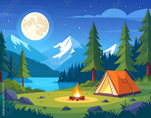 Night camping scene by a lake
