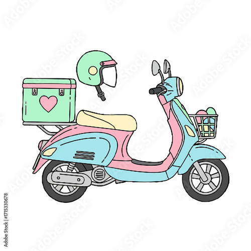 Charming cartoon drawing pastel pink and blue scooter with green helmet and delivery box adorned with heart, parked and ready for ride