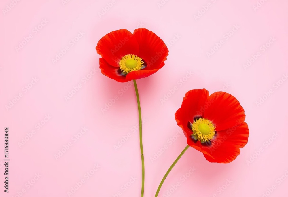 Obraz premium Two vibrant red poppies with yellow centers diagonally arranged on a soft pink background, leaving blank space , design, image