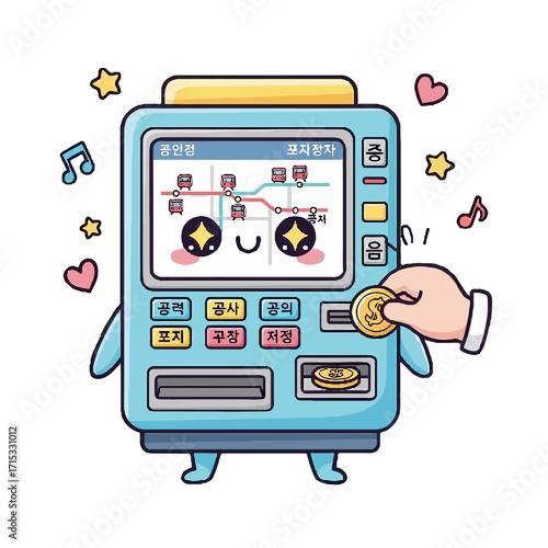 Charming, cartoonstyle light blue vending machine with happy face, being fed coin by hand, with subway map displayed on its screen, symbolizing easy transportation ticket purchase