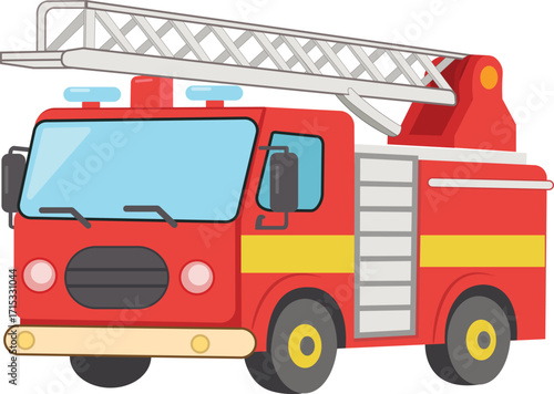Flat cartoon vector illustration of a red fire truck with a hydraulic ladder issolate in white background