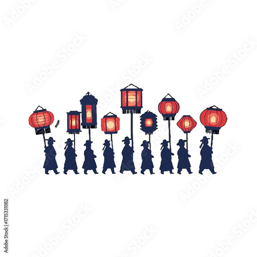 Group people in traditional clothing holding various illuminated lanterns during festival or celebration