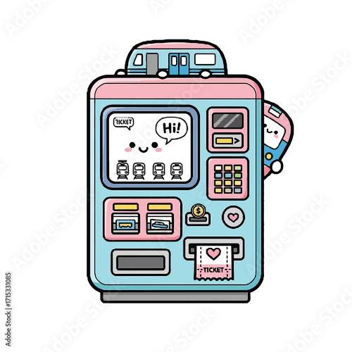 Cute kawaii vending machine with train theme, dispensing tickets