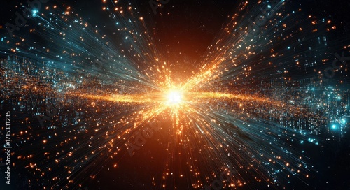 Bright explosive burst of orange and blue light particles radiating outward in a dynamic cosmic or digital energy display