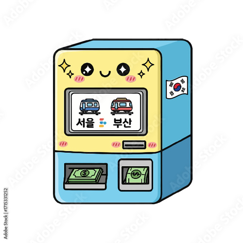 Cute cartoon ticket vending machine for seoul to busan train, with korean text, flag, and money