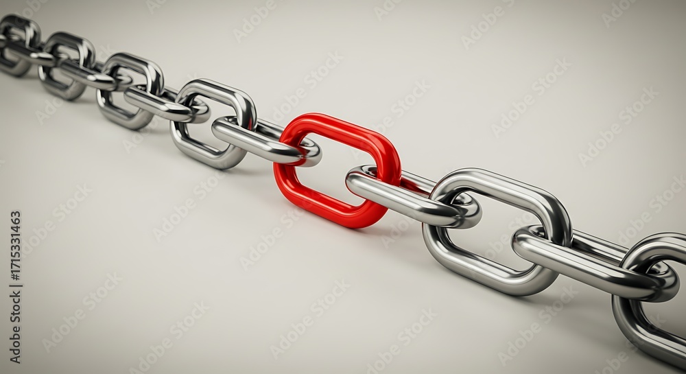 Fototapeta premium Singular Red Link - A 3D Render of a Metal Chain with a Single Red Link Highlighting Connection and Uniqueness.