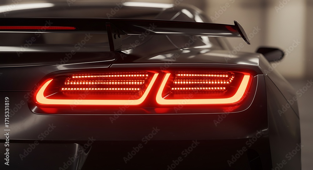 Obraz premium Sleek Black Sports Car Tail Lights - Modern Design, Red LED Illumination, Close-Up.