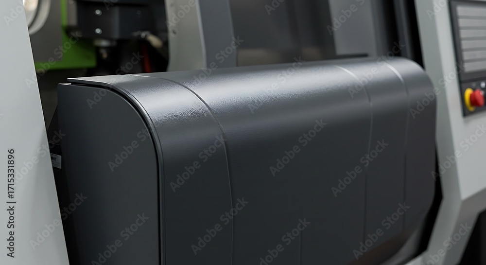 Fototapeta premium Sleek Dark Curved Panel of Modern Industrial Machine, High-Tech Equipment Detail, Precision Engineering Component.