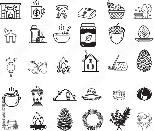 Cozy autumn vibes icons collection, perfect for seasonal designs and warm, inviting illustrations for fall promotions and creative projects