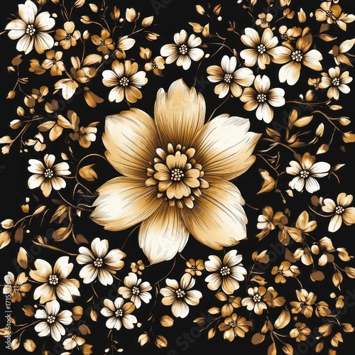 Detailed illustration of various blooming flowers with large central flower and smaller surrounding flowers in warm beige and white tones on black background