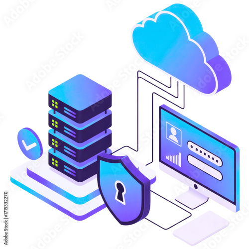 Isometric illustration of cloud computing security with data servers on transparent background