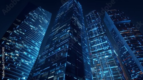 Night view of office tower glowing with digital energy-saving patterns, futuristic cityscape