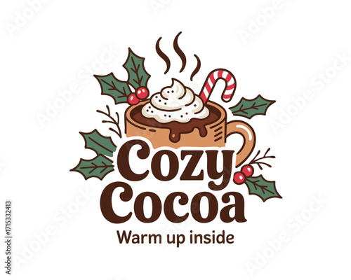 Cozy Hot Cocoa Mug with Whipped Cream, Candy Cane, Holly Berries, and Festive Lettering – Warm Holiday Winter Drink Illustration