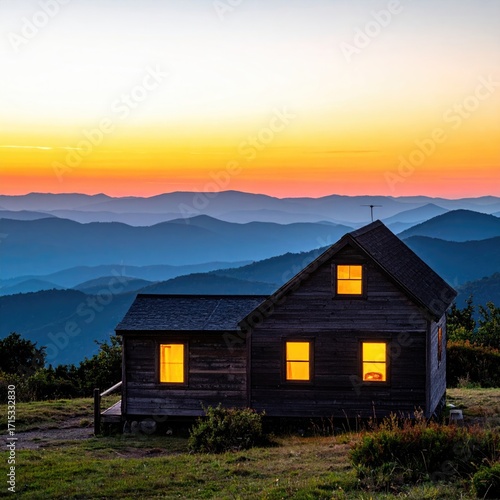 Cozy Cabin Glows at Sunset Over Blue Ridge Mountains, North Carolina