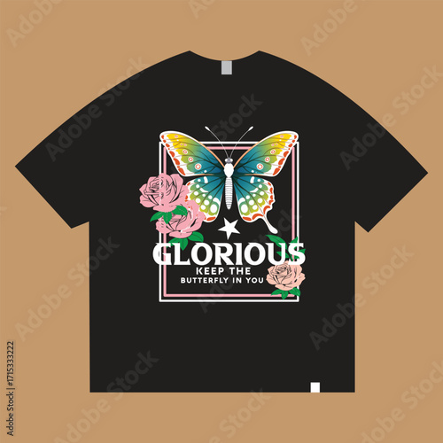 Black T-Shirt Design: Vibrant Butterfly, Pink Roses, Inspirational Quote, "Glorious Keep the Butterfly in You," Modern Apparel Print, Vector Graphic.
