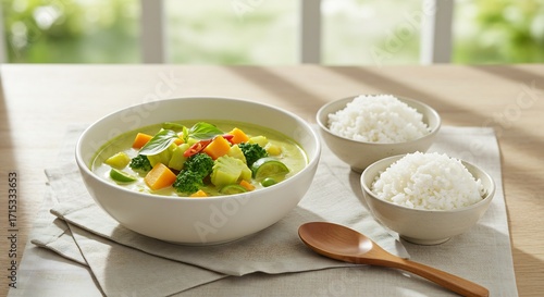 美味しいグリーンカレーとご飯　彩り豊かに輝く一品