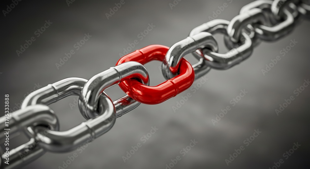 Fototapeta premium Striking Red Chain Link Stands Out Amidst Metallic Silver Chain, Symbolizing Strength and Connection.