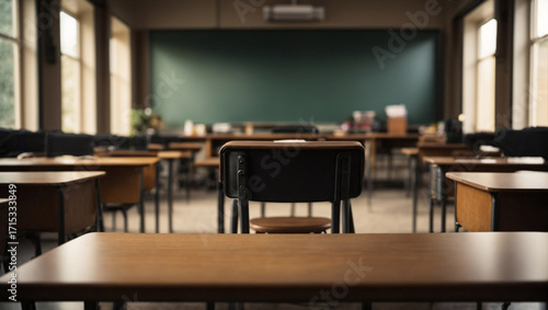 Classroom interior when no people. View from the last seat of the class, space on the previous student's table, warm light from the window, blurred blackboard.
