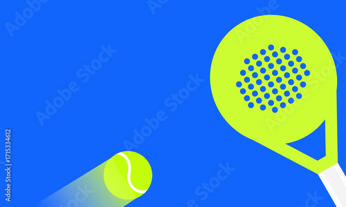 illustration flat A neon yellow tennis ball speeds past a padel racket on a bright blue background.