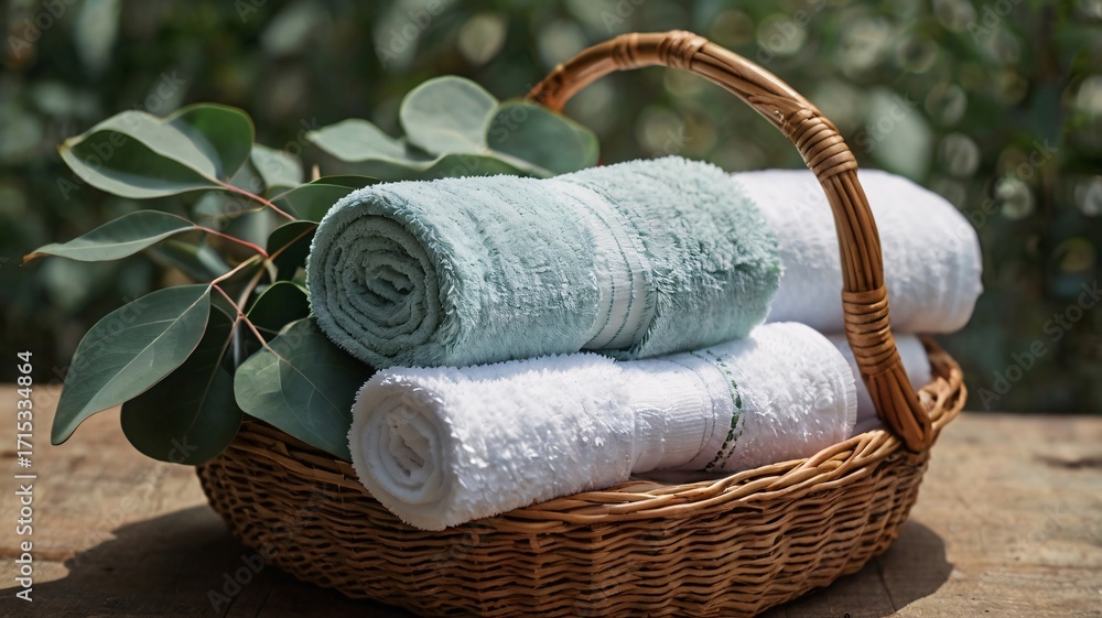 Obraz premium Rolled Towels with Eucalyptus Leaves in Basket