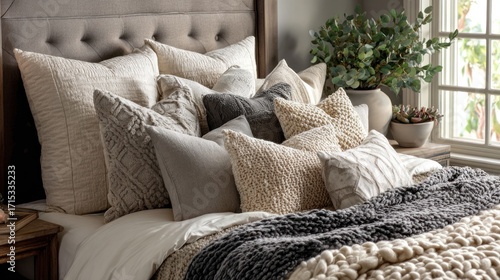 Cozy bedroom with layered pillows and blankets (1)