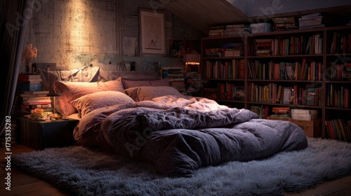 Cozy bedroom with bookshelves