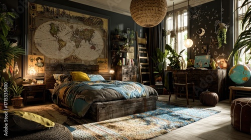 Cozy bedroom with world map