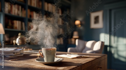Cozy home office scene with steaming coffee