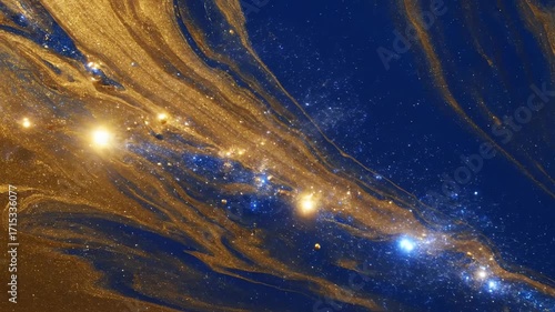 Seamlessly looping video of abstract liquid gold and deep blue flowing with bright, streaky, cosmic elements creative, design, abstract