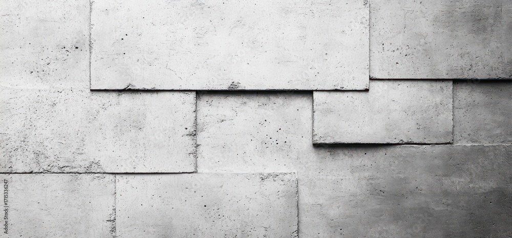 Fototapeta premium Close-up of a textured concrete wall with staggered rectangular panels showcasing rough surfaces and small imperfections in varying shades of gray
