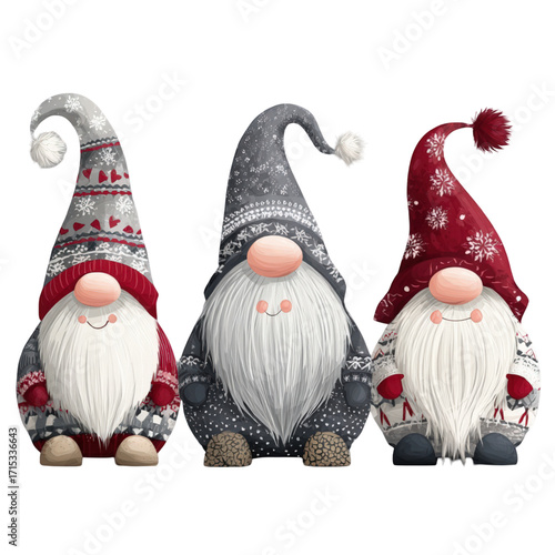 Three adorable Scandinavian Christmas gnomes with festive patterned hats.