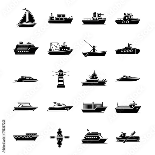 Collection of various boats and ships in black and white silhouette style.