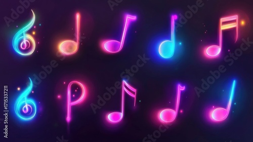 Vibrant Colorful Musical Notes on Dark Background with Glow Effects