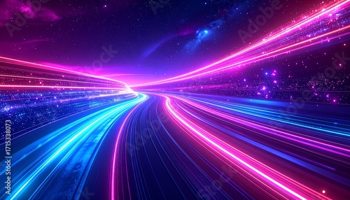 A vibrant, futuristic night scene showcases neon light trails streaking across a curved road against a starry, cosmic backdrop