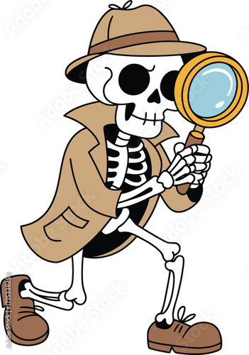 Cartoon skeleton detective with magnifying glass and trench coat