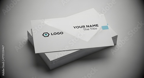 Stack of white business cards with a logo and contact information.